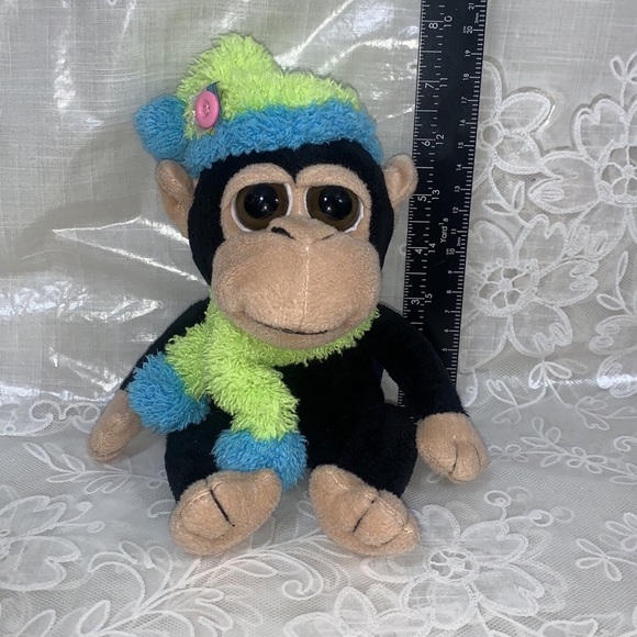 The Petting Zoo baby Chimp Monkey plush 7" black wearing hat & scarf 1994 - Picture 2 of 10